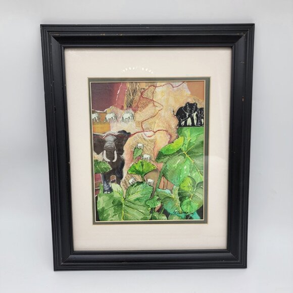 M Sebring Abstract Elephants Jungle Artist Signed Framed Matte Layered Art - Picture 1 of 6